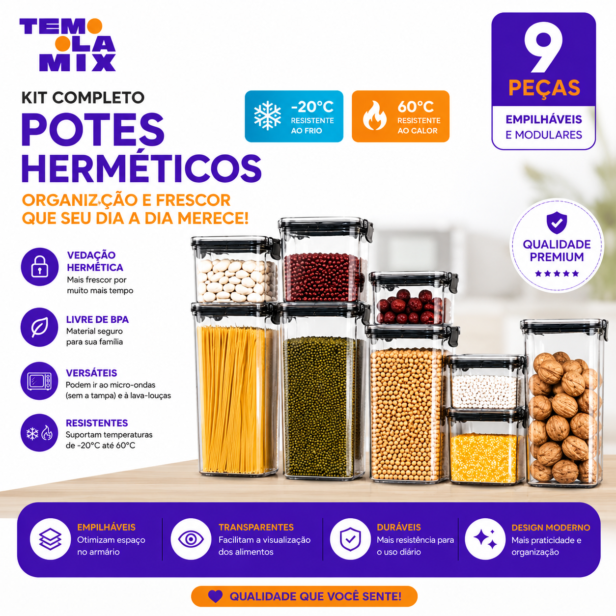 Kit 9 Potes Herméticos Premium – Organização Inteligente para Sua Cozinha