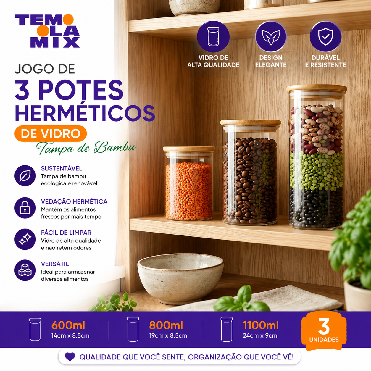 Kit 3 Potes Herméticos de Vidro com Tampa de Bambu