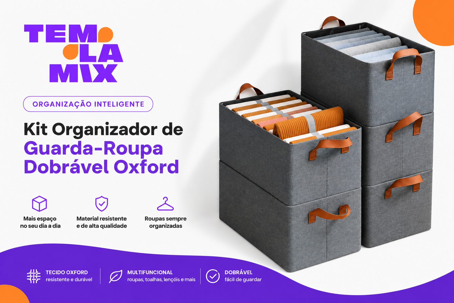 Kit 5 Organizador de Guarda-Roupa Dobrável Oxford Premium