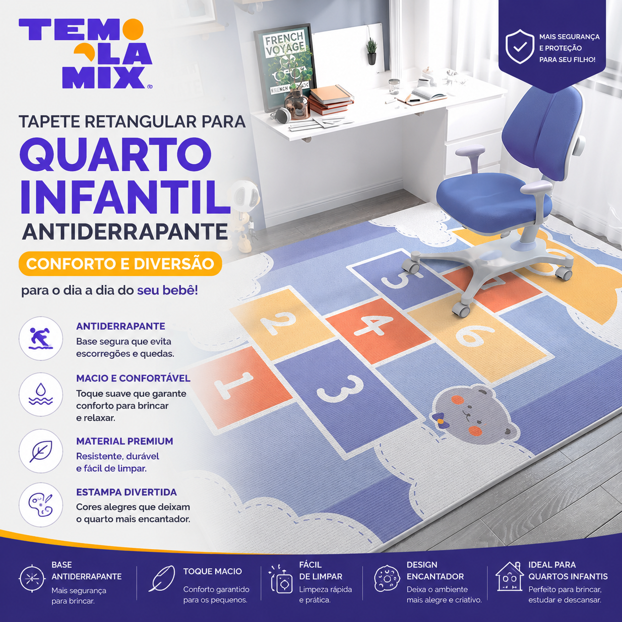 Tapete retangular para quarto infantil antiderrapante