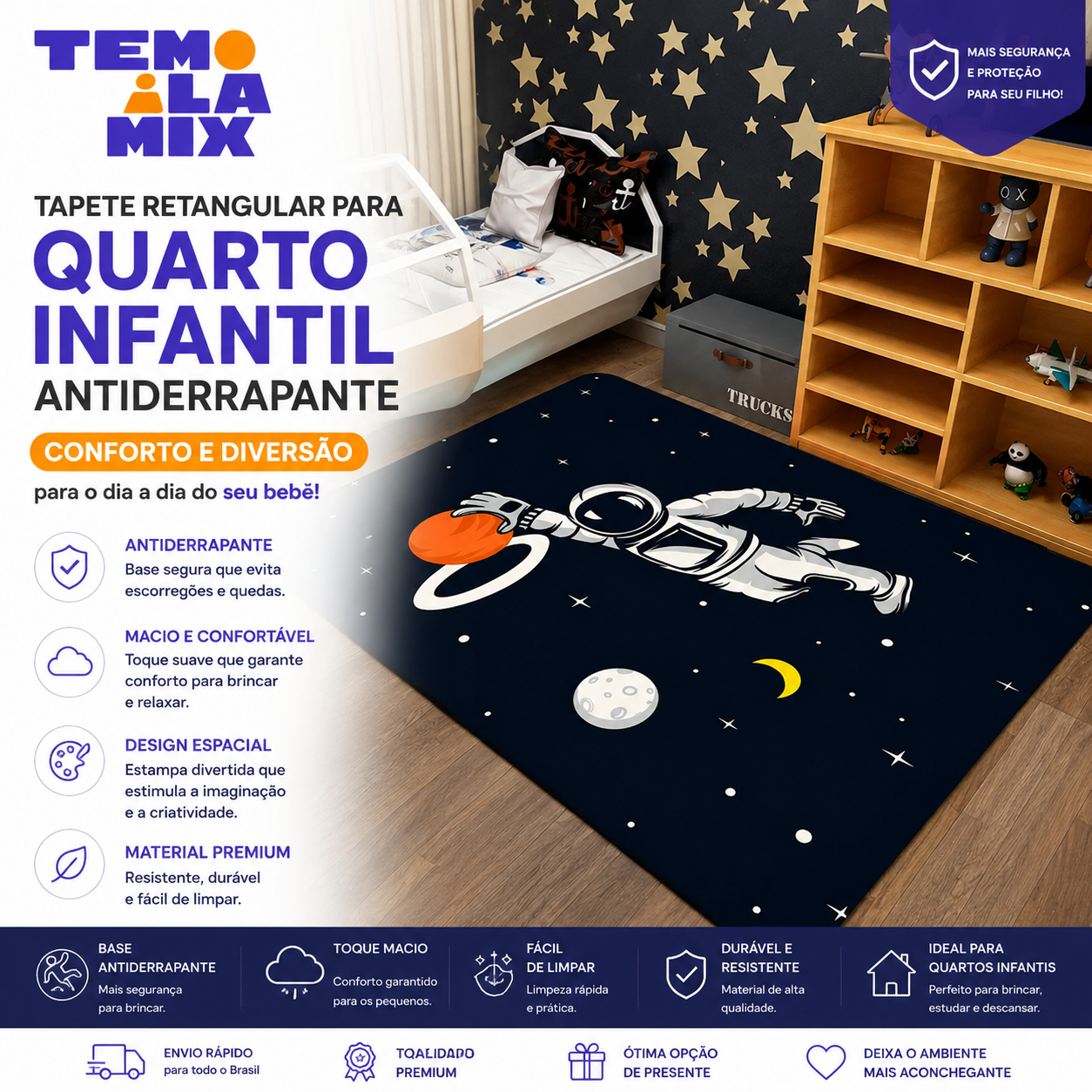 Tapete retangular para quarto infantil antiderrapante