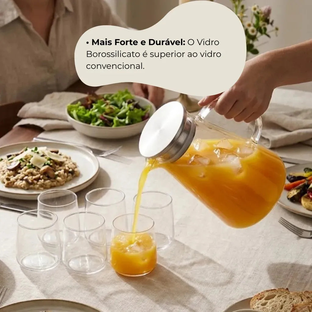 Jarra de Vidro Borossilicato 1,8L com Tampa Inox + Kit 6 Copos 270ml – Conjunto Elegante para Água, Suco e Bebidas