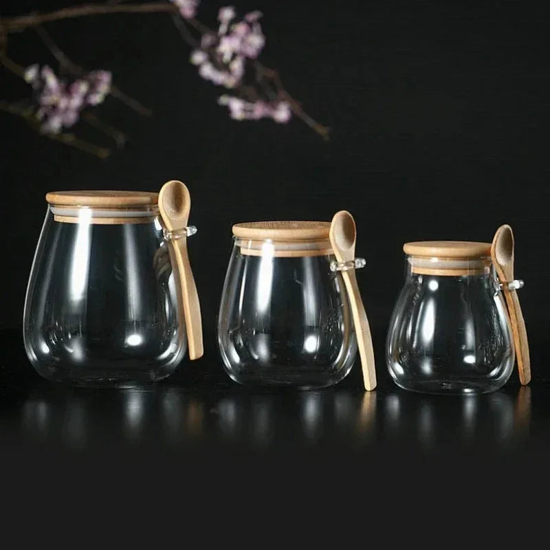 Kit 3 Potes Herméticos de Vidro com Tampa e Colher de Bambu