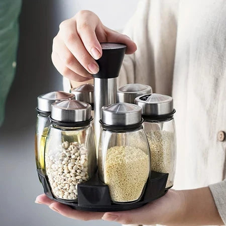 Porta Temperos Giratório em Inox e Vidro com 7 Peças – Organizador de Especiarias para Cozinha
