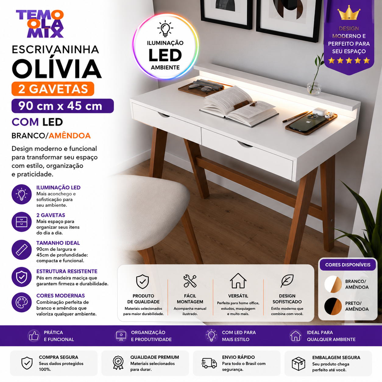 Escrivaninha Olivia 2 Gavetas com LED 90x45cm – Branco/Amêndoa para Home Office e Estudos