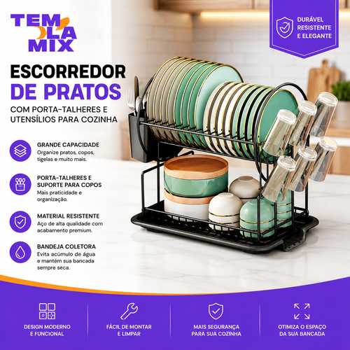 Escorredor de Pratos 2 Andares Premium com Porta-Talheres, Porta-Copos e Bandeja Coletora