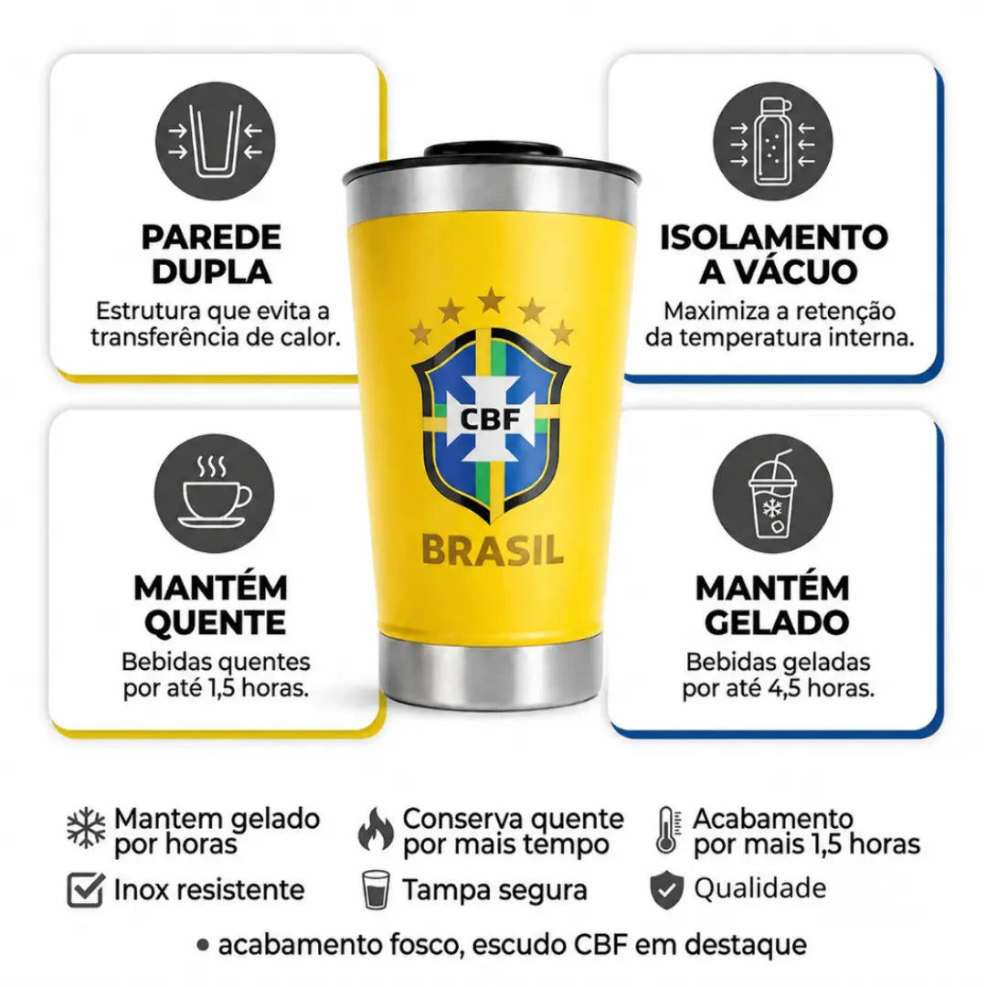 Copo Térmico Brasil 473ml Personalizado a Laser – Inox com Tampa para Cerveja, Chopp e Bebidas