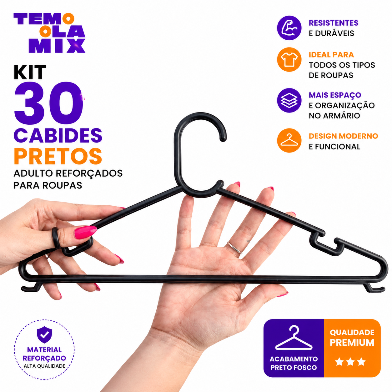 Kit 30 Cabides Pretos Adulto Reforçados para Roupas