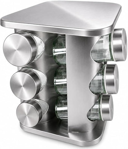 Porta Temperos Giratório 360° com 12 Potes de Vidro e Tampa Inox – Organizador de Especiarias em Aço Inoxidável para Cozinha