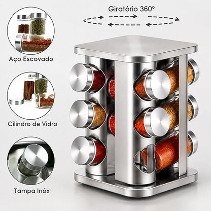 Porta Temperos Giratório 360° com 12 Potes de Vidro e Tampa Inox – Organizador de Especiarias em Aço Inoxidável para Cozinha