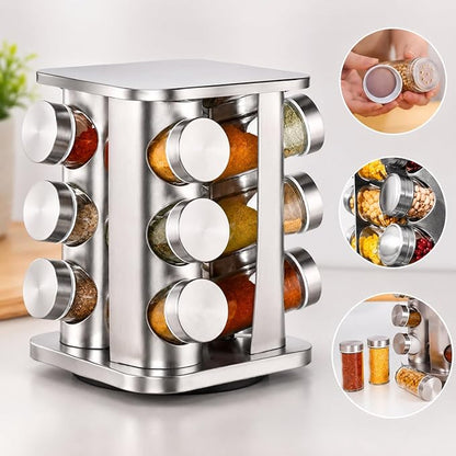 Porta Temperos Giratório 360° com 12 Potes de Vidro e Tampa Inox – Organizador de Especiarias em Aço Inoxidável para Cozinha