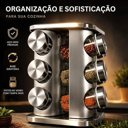 Porta Temperos Giratório 360° com 12 Potes de Vidro e Tampa Inox – Organizador de Especiarias em Aço Inoxidável para Cozinha