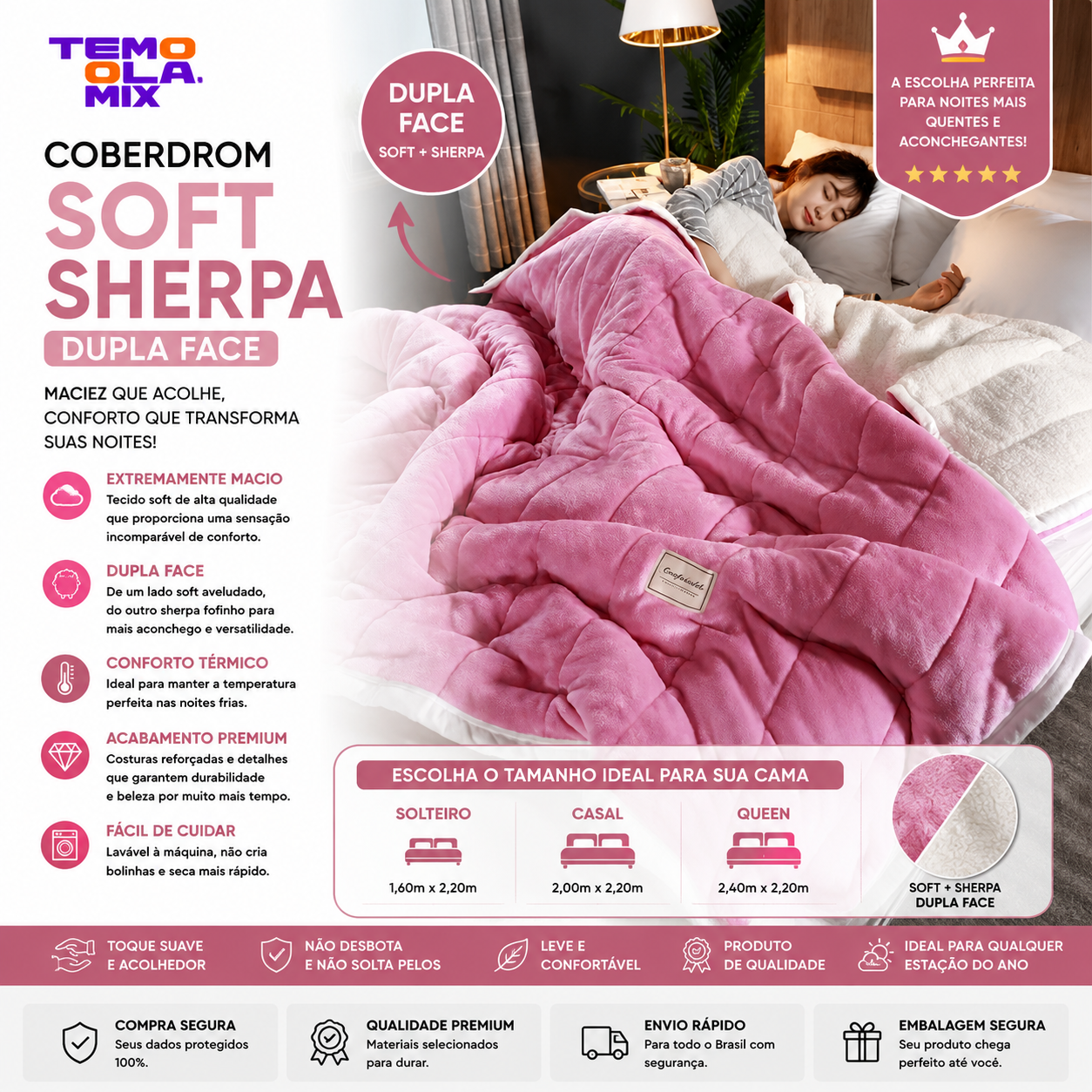 Coberdrom Sherpa Dupla Face Queen Rosa
