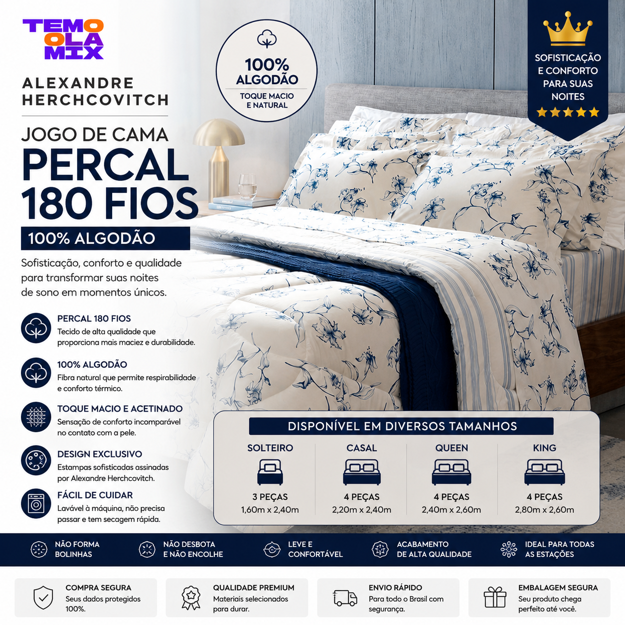 Jogo de Cama Alexandre Herchcovitch Percal 180 Fios 100% Algodão – Solteiro, Casal, Queen e King