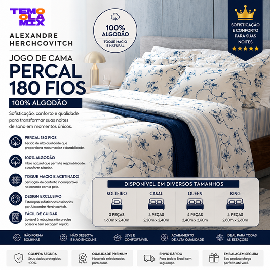 Jogo de Cama Alexandre Herchcovitch Percal 180 Fios 100% Algodão – Solteiro, Casal, Queen e King