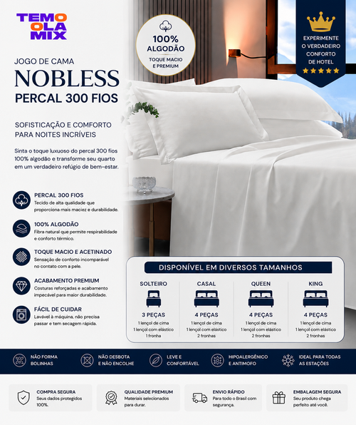 Jogo de Cama Nobless Percal 300 Fios 100% Algodão – Solteiro, Casal, Queen e King
