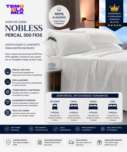 Jogo de Cama Nobless Percal 300 Fios 100% Algodão – Solteiro, Casal, Queen e King