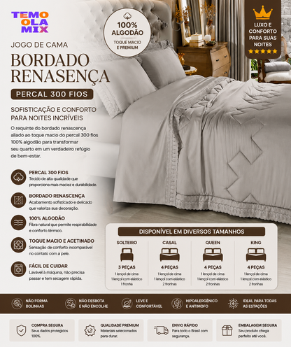 Jogo de Cama Bordado Renascença Percal 300 Fios 100% Algodão