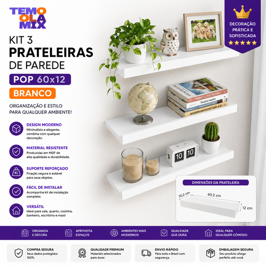 Kit 3 Prateleiras de Parede Pop 60x12