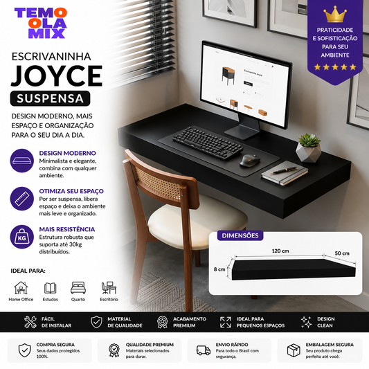 Escrivaninha Flutuante Preta para Home Office Escritório e Quarto Design Moderno