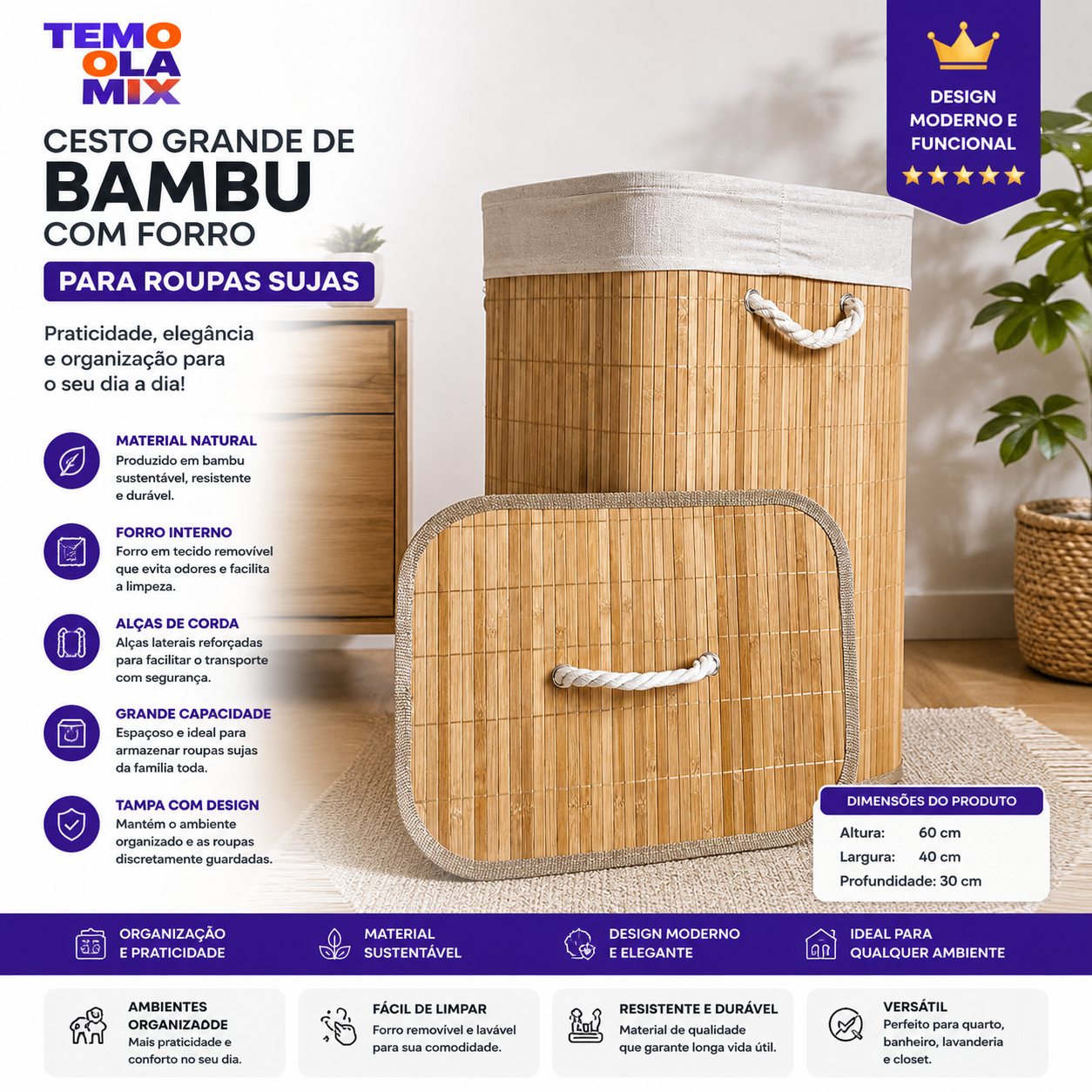 Organizador de Roupas Sujas em Bambu Grande Premium