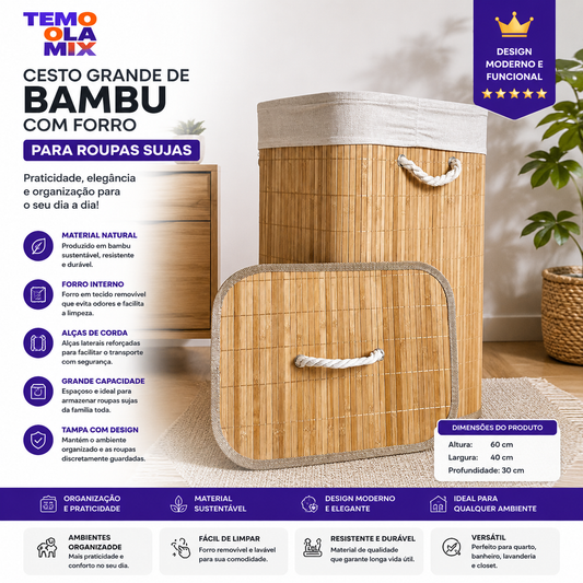 Organizador de Roupas Sujas em Bambu Grande Premium