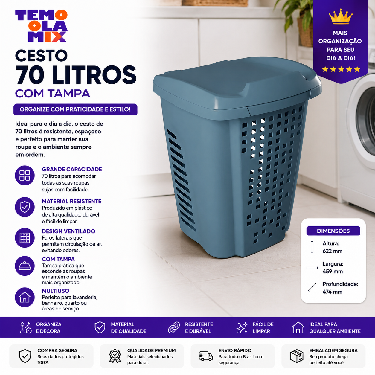 Cesto Organizador de Roupas 70 Litros com Tampa – Grande, Resistente e Ventilado para Lavanderia e Banheiro