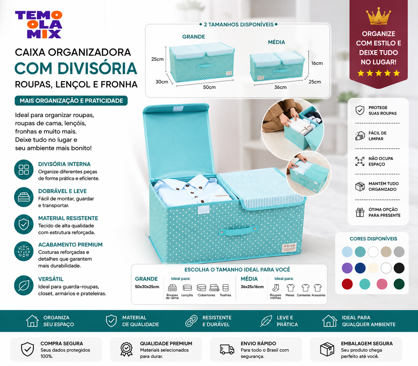 Caixa Organizadora com Divisória para Roupas, Lençóis e Fronhas – Dobrável com Tampa | Grande Capacidade