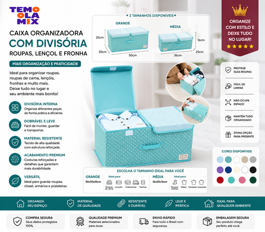 Caixa Organizadora com Divisória para Roupas, Lençóis e Fronhas – Dobrável com Tampa | Grande Capacidade