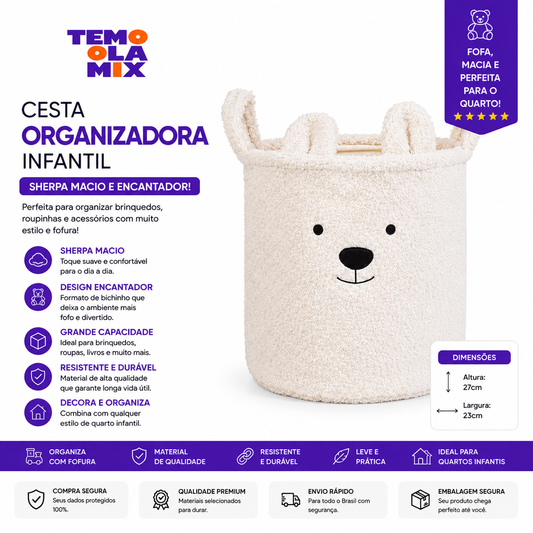 Cesta Organizadora Infantil em Sherpa Macio – Cesto Decorativo para Brinquedos, Roupas e Acessórios