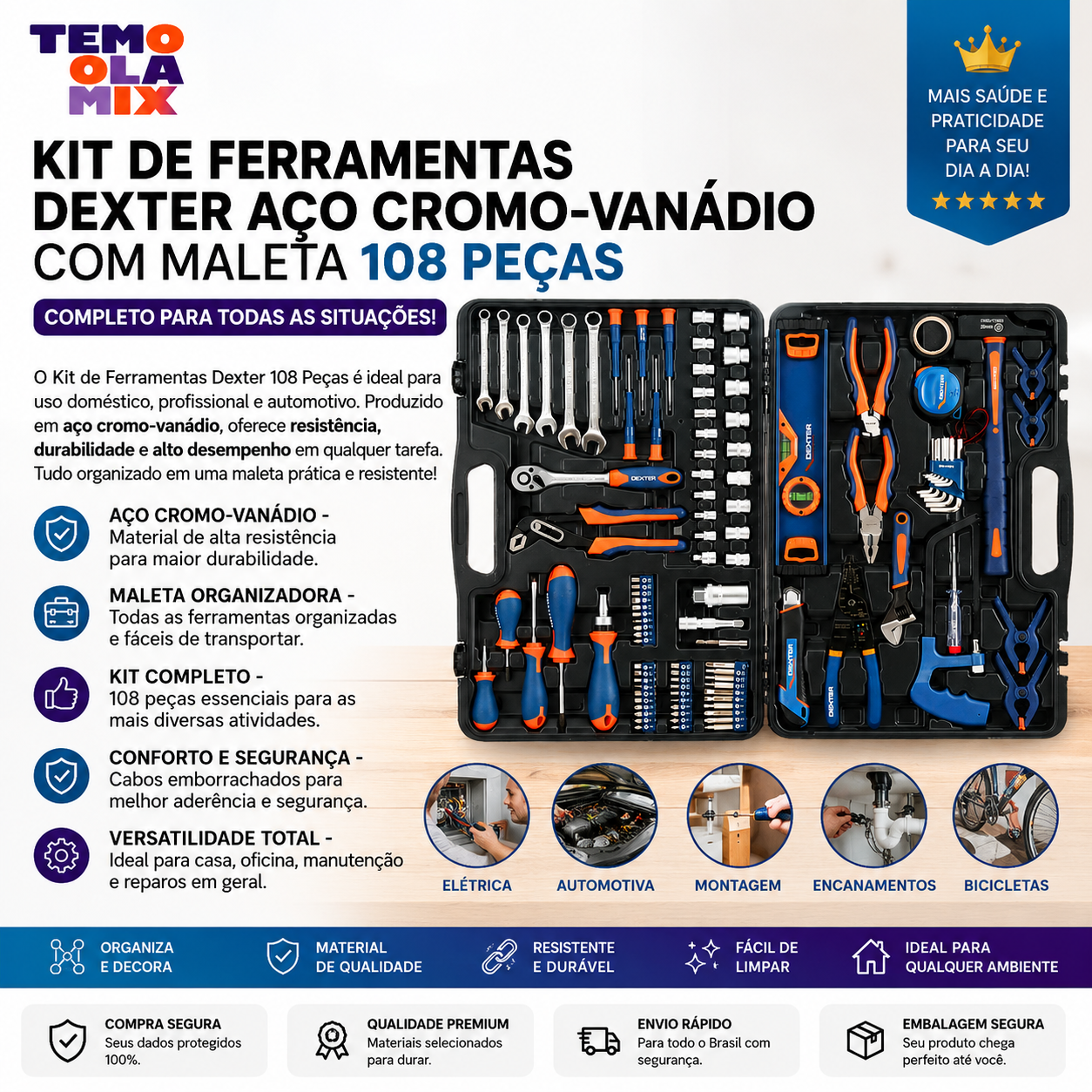 Kit de Ferramentas Dexter Aço Maleta 108 Peças