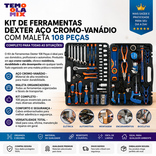 Kit de Ferramentas Dexter Aço Maleta 108 Peças
