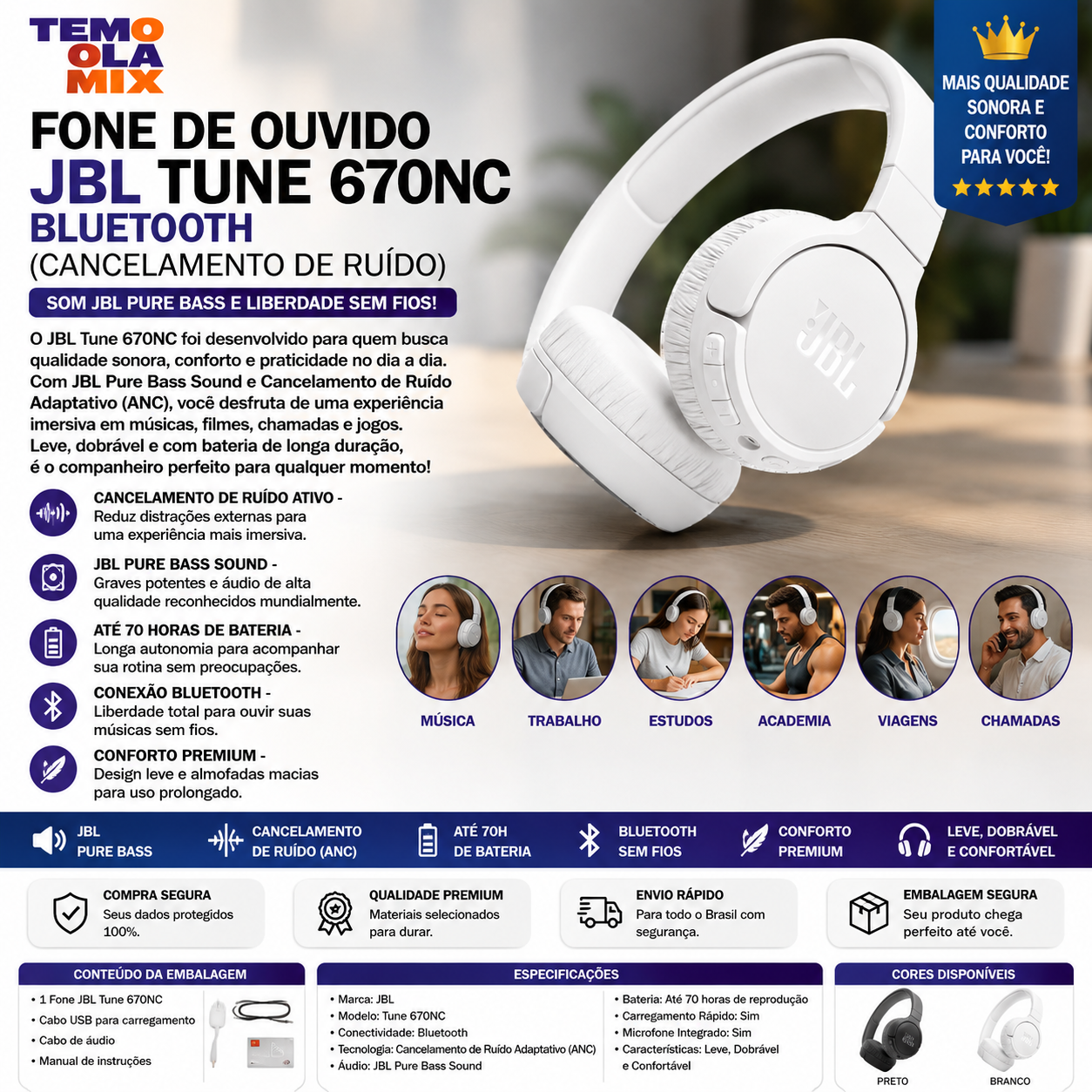 FONE DE OUVIDO JBL TUNE 670NC