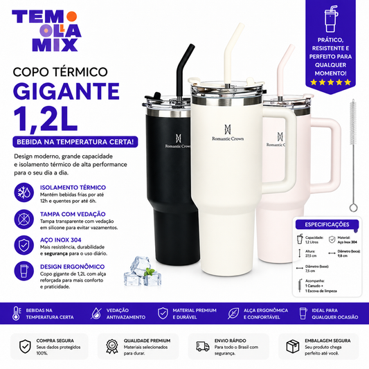 Copo Térmico 1,2L em Aço Inox com Tampa e Canudo Inox –Bebidas Quentes e Geladas