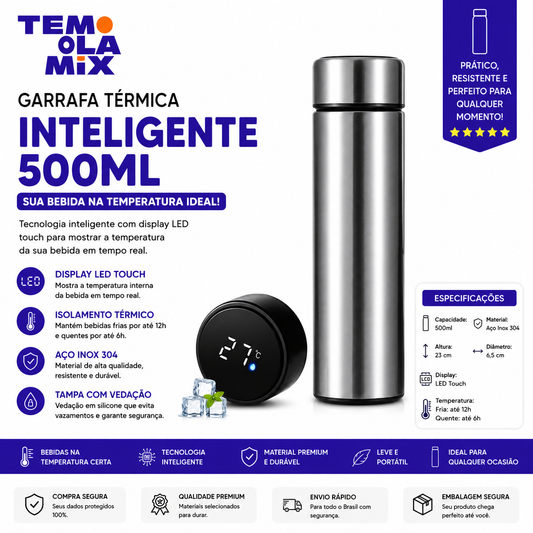 Garrafa Térmica Inteligente 500ml com Display de Temperatura LED – Inox a Vácuo para Bebidas Quentes e Geladas