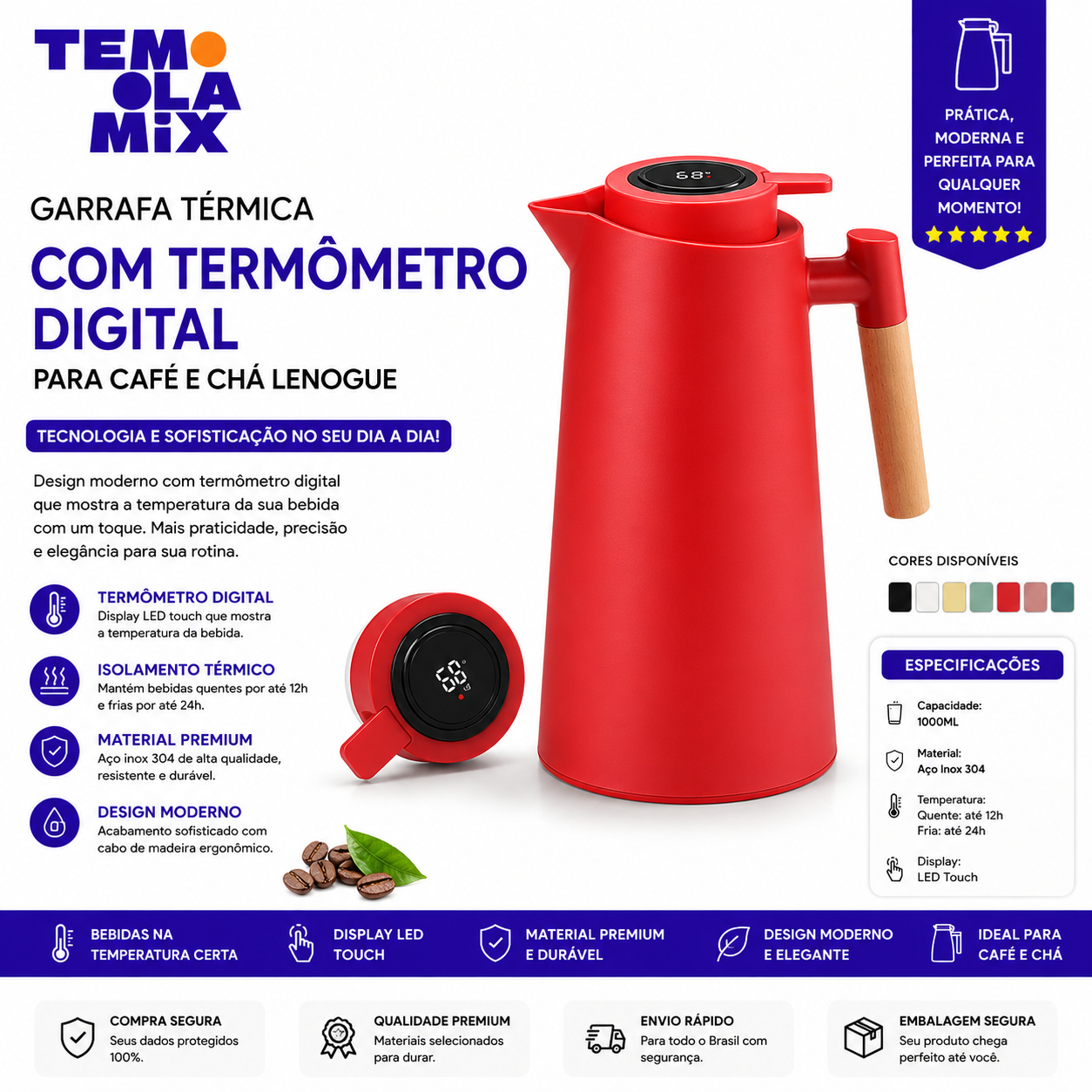 Garrafa Térmica com Termômetro Digital 500ml em Inox para Café e Chá – Display LED e Tampa com