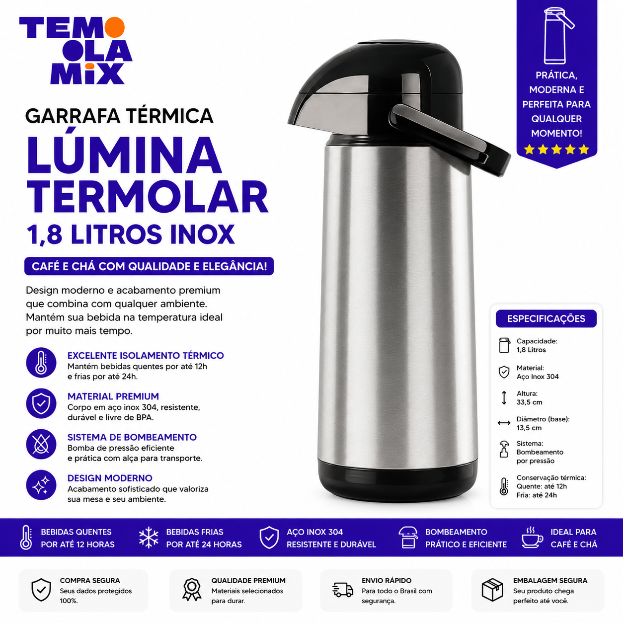 Garrafa Térmica Inox 1,8L para Café e Chá