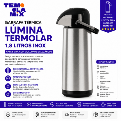 Garrafa Térmica Inox 1,8L para Café e Chá