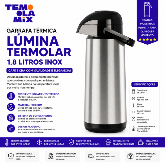 Garrafa Térmica Inox 1,8L para Café e Chá