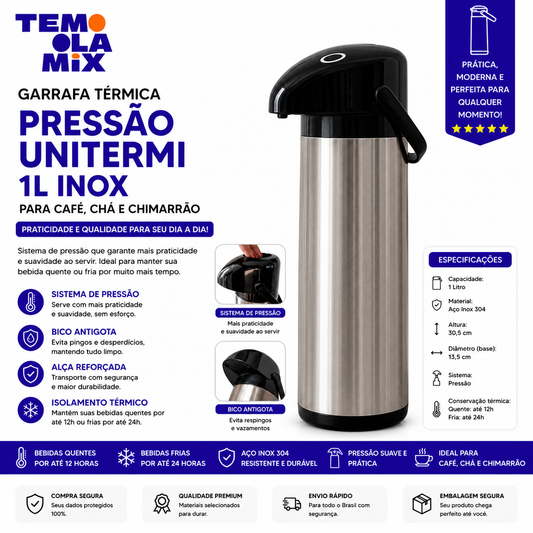 Garrafa Térmica Inox 1 Litro com Pressão – Ideal para Café, Chá e Chimarrão