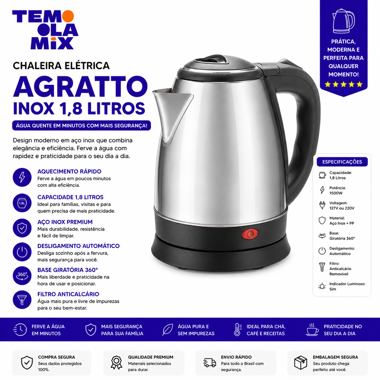 Chaleira Elétrica Inox 1,8 Litros – Aquecimento Rápido para Água, Café, Chá e Chimarrão