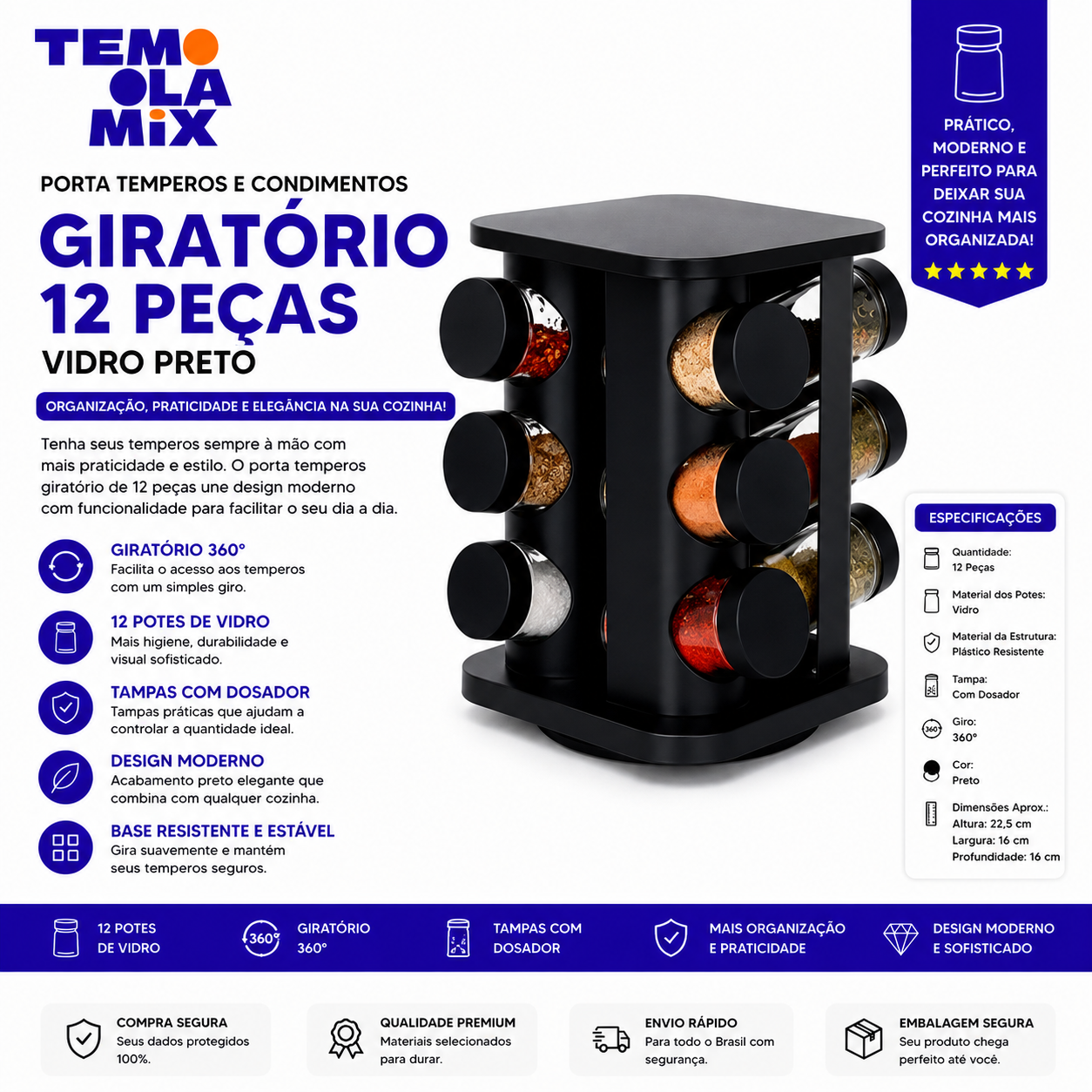 Porta Temperos Giratório com 12 Potes de Vidro – Organizador de Condimentos Preto para Cozinha