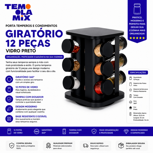 Porta Temperos Giratório com 12 Potes de Vidro – Organizador de Condimentos Preto para Cozinha