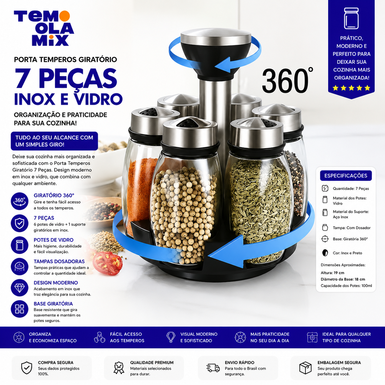 Porta Temperos Giratório em Inox e Vidro com 7 Peças – Organizador de Especiarias para Cozinha