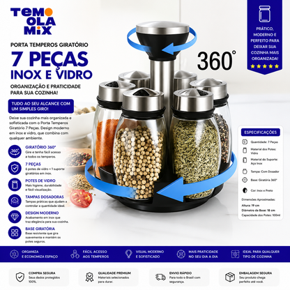 Porta Temperos Giratório em Inox e Vidro com 7 Peças – Organizador de Especiarias para Cozinha