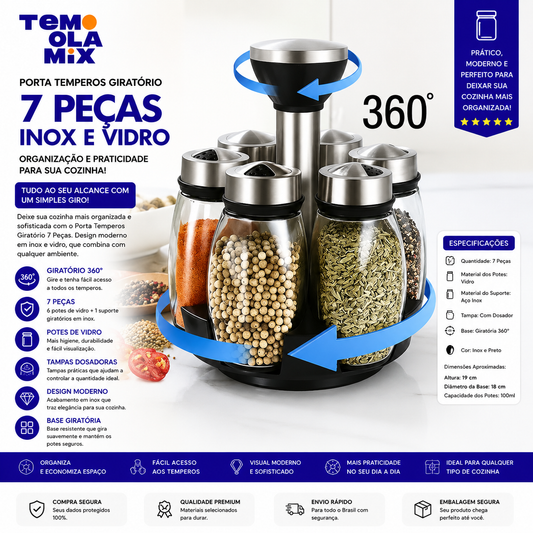 Porta Temperos Giratório em Inox e Vidro com 7 Peças – Organizador de Especiarias para Cozinha