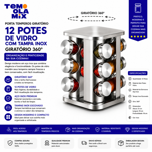 Porta Temperos Giratório 360° com 12 Potes de Vidro e Tampa Inox – Organizador de Especiarias em Aço Inoxidável para Cozinha
