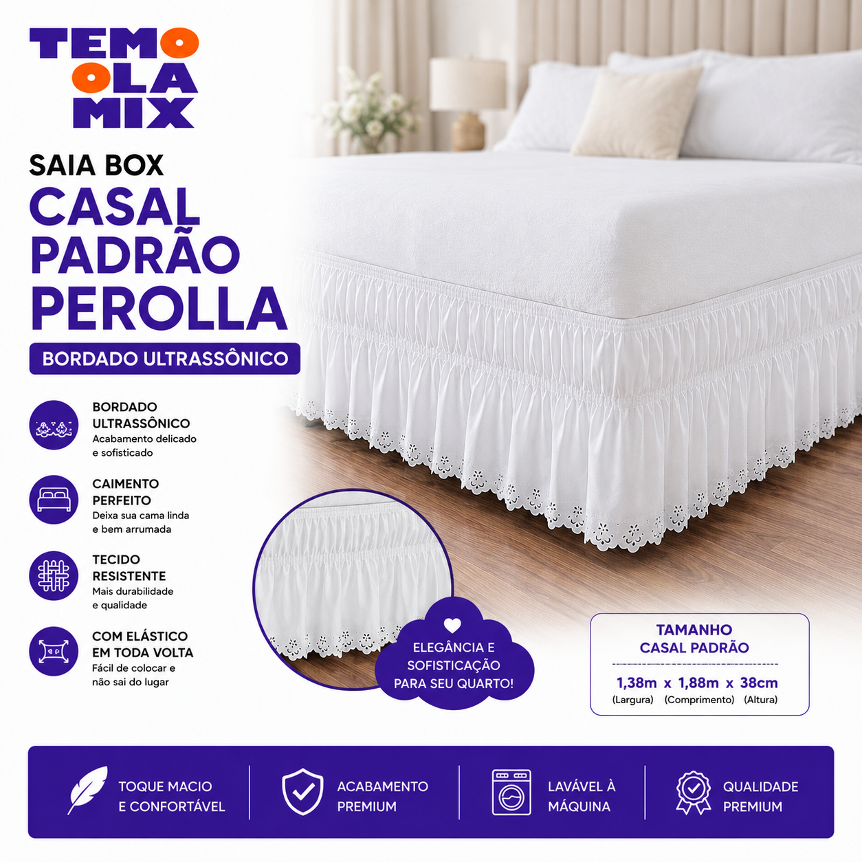 Saia para Cama Box Casal Padrão Branca com Bordado Ultrassônico – Acabamento Elegante e Fácil de Instalar