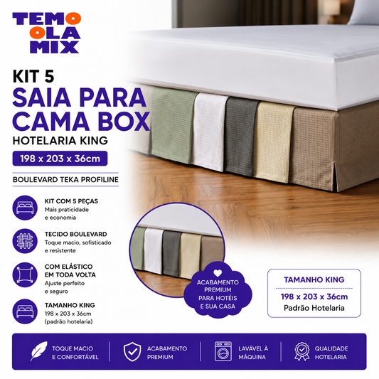 Kit com 5 Saias para Cama Box King 198x203x36cm – Acabamento Elegante para Hotelaria e Uso Residencial