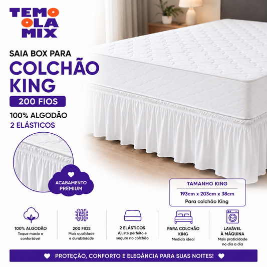 Saia para Cama Box King 200 Fios 100% Algodão com 2 Elásticos – Macia, Resistente e Elegante